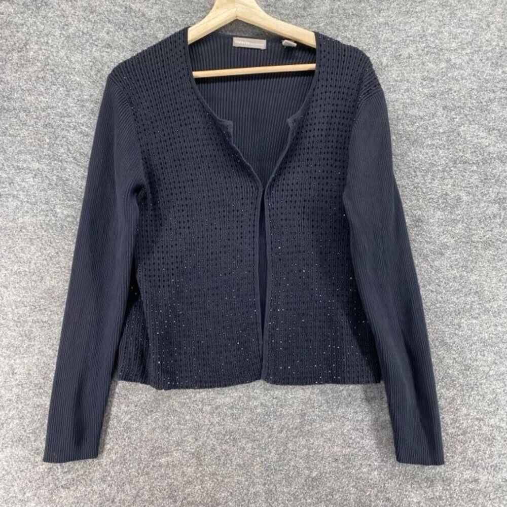 Valerie Cardigan Women L Large Black V-Neck Silk Knit Long Sleeve Rhinestone